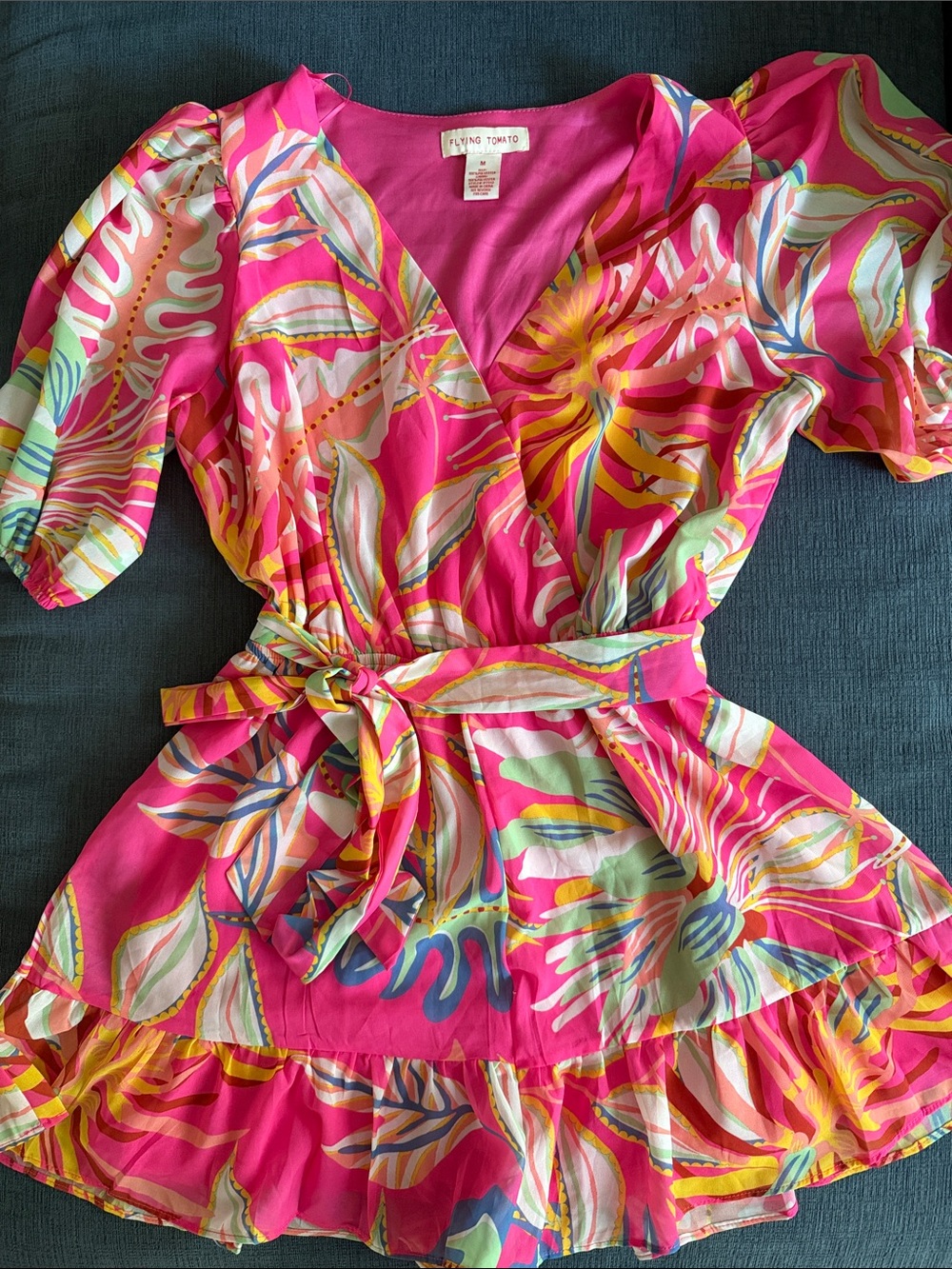 Flying Tomato Hot Pink Tropical Print Wrap Romper